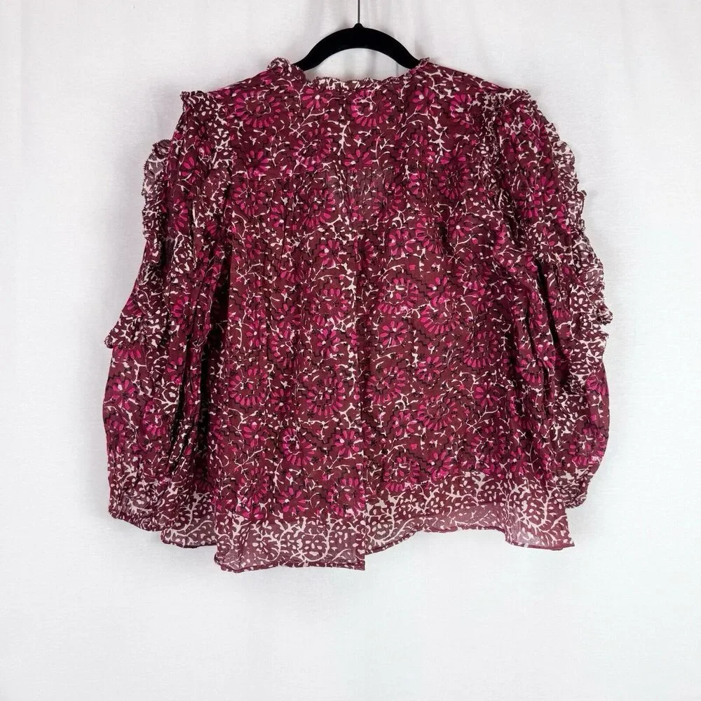 Ulla Johnson Lillian Burgundy Red Floral Puff Sleeve Ruffle Tassel Top Size 2